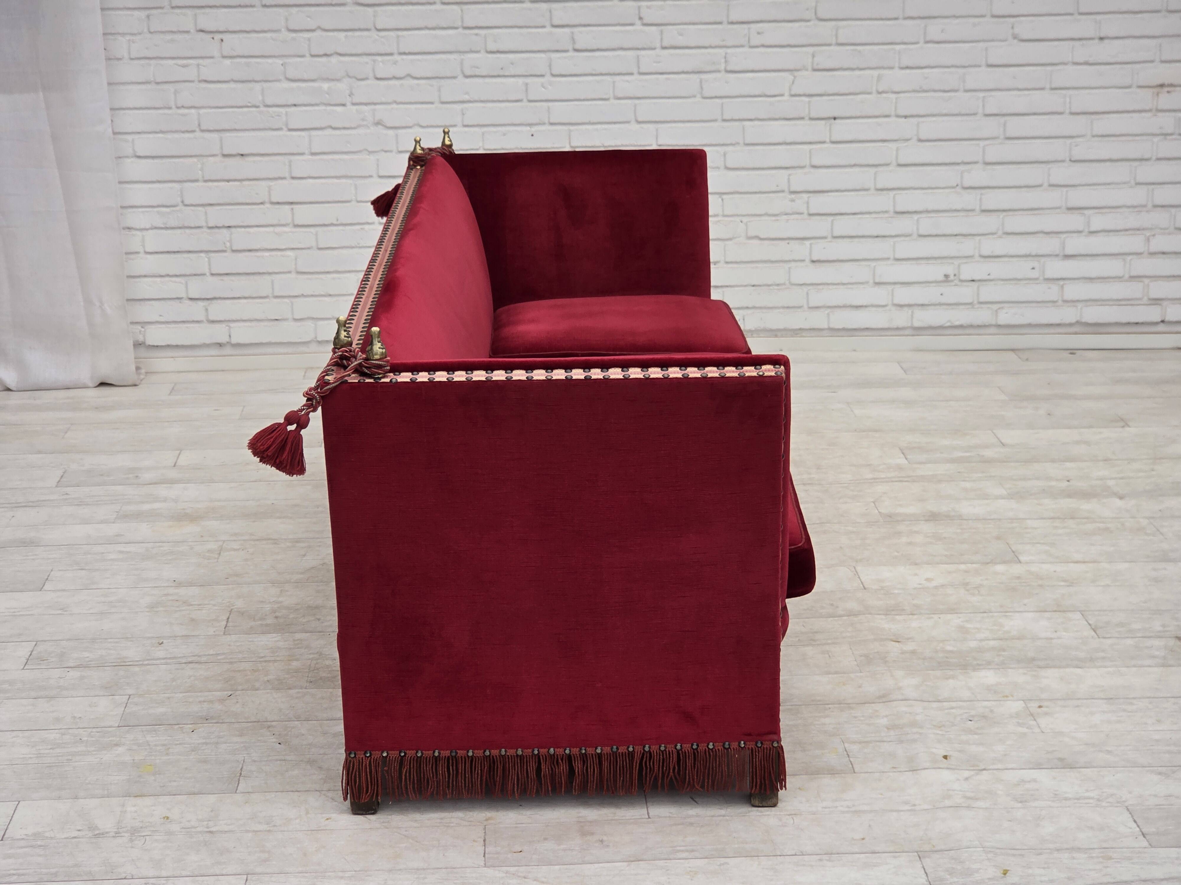 1970s, Danish 3-seater drop arm "Spanish" sofa, red furniture velour.