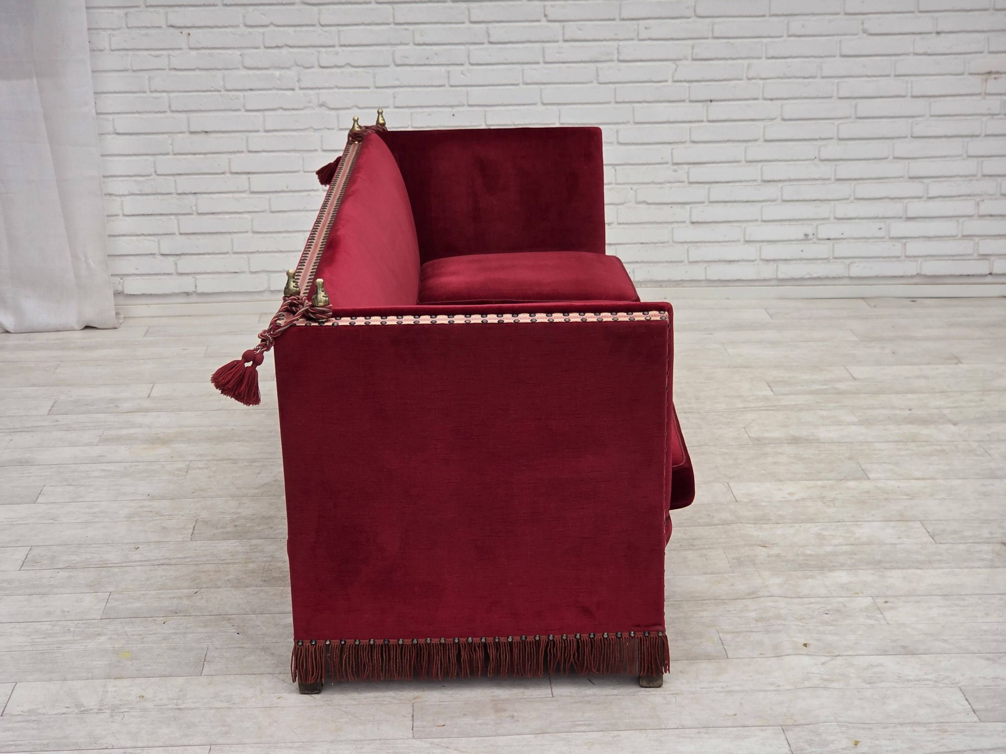 1970s, Danish 3-seater drop arm "Spanish" sofa, red furniture velour.