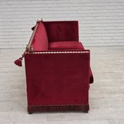1970s, Danish 3-seater drop arm "Spanish" sofa, red furniture velour.