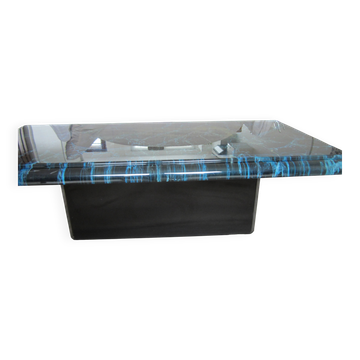 Table basse en laque façon marbre bleu à reflets verts