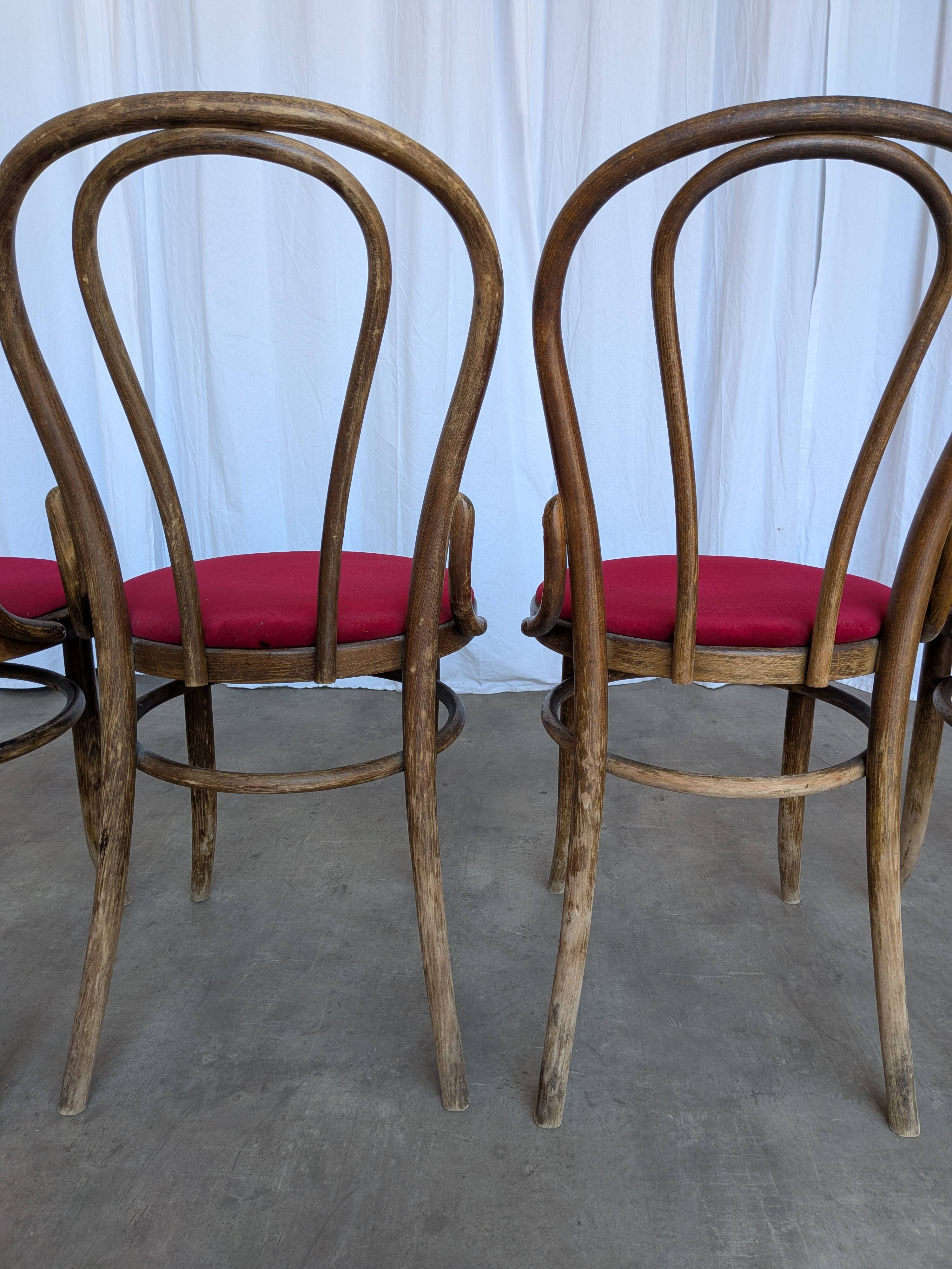 Set of 4 Vintage Bentwood Bistro Chairs, Red Upholstery
