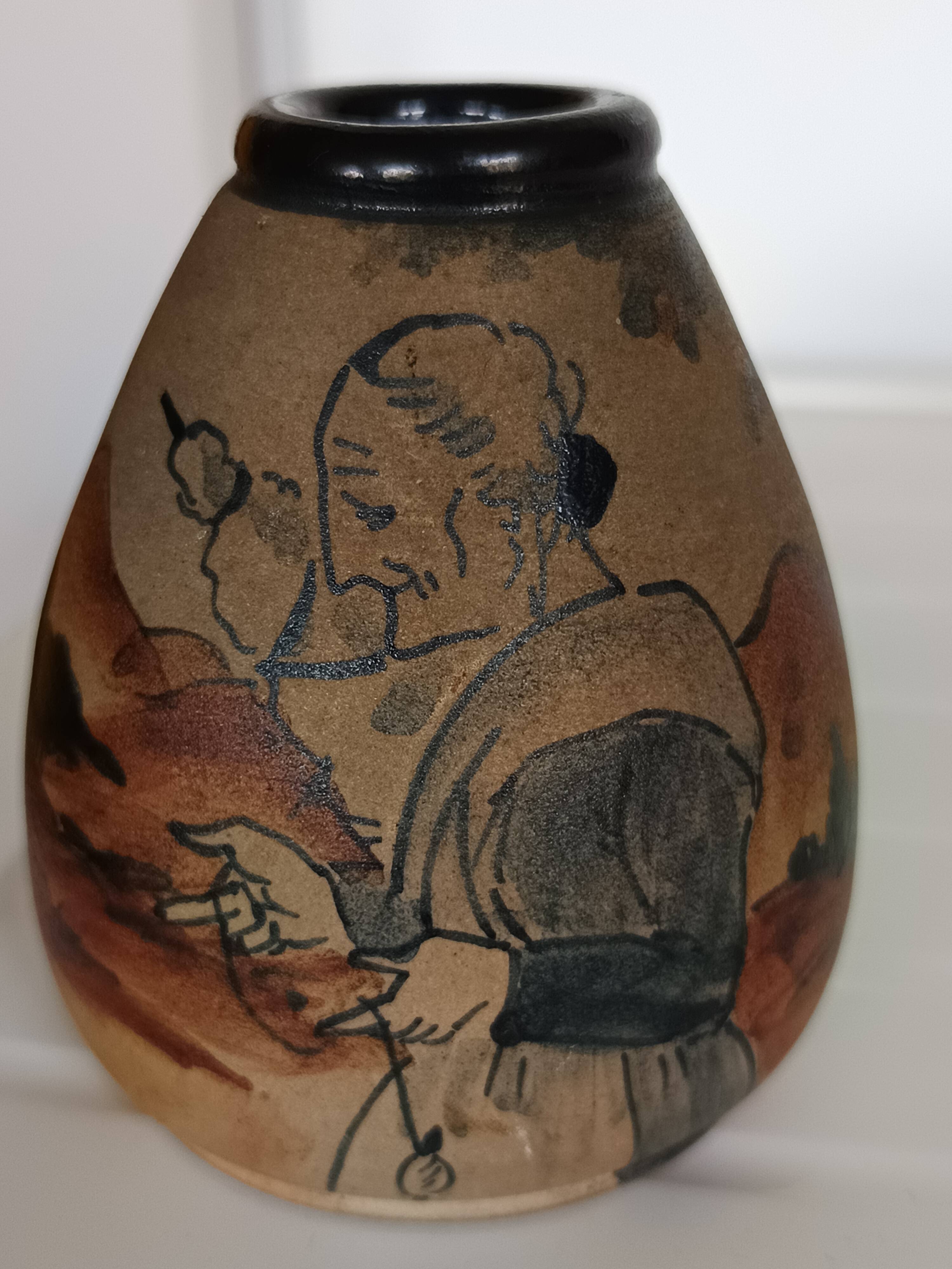 Ciboure stoneware vase, antique, signed Touton 1930, woman spinning in front of her farm.