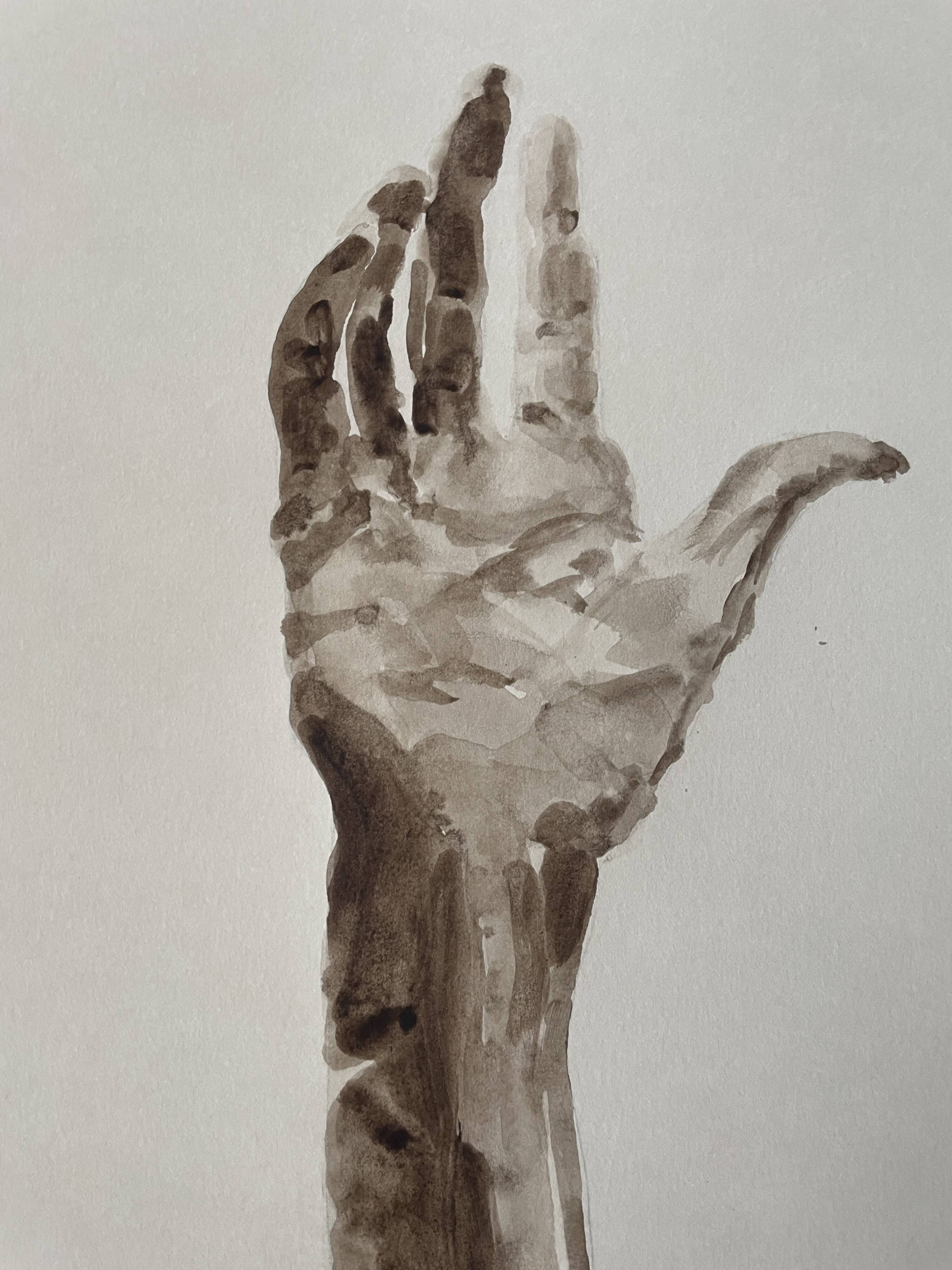Painting signed watercolor monochrome sepia study statue “the hand reveals the man”