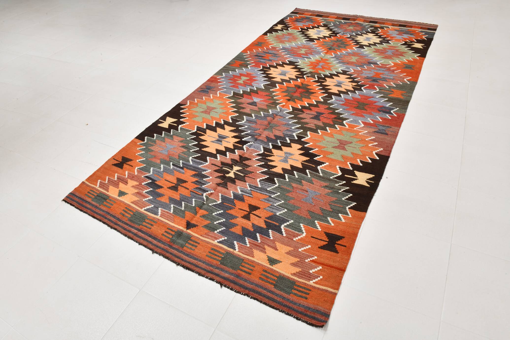 5x11 Multicolor Geometric Style Kilim Rug, Hanmade Wool Area Rug, 162x342Cm