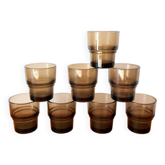 set of 8 Vereco smoked glass glasses Made in France 1970s