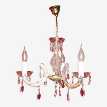 Lustre français vintage en laiton, métal, verre cristal, 3 bras, style chic de paris, 4209