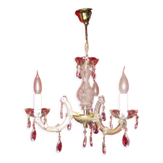 Lustre français vintage en laiton, métal, verre cristal, 3 bras, style chic de paris, 4209