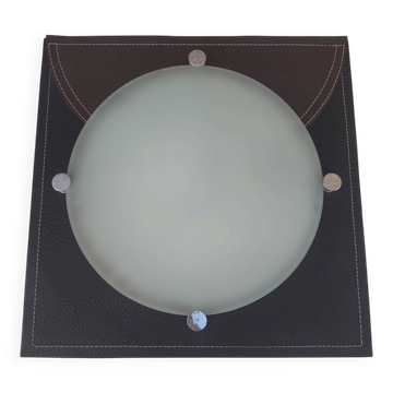 Wall light or ceiling light in frosted glass and leather-like material.