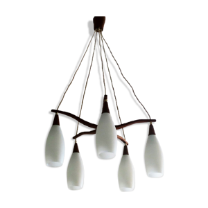 Lustre suédois en forme d’étoile de mer en teck et verre opalin, 1960