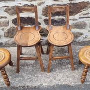 Set of rustic chairs and stools in carved oak, vintage, 1950s.