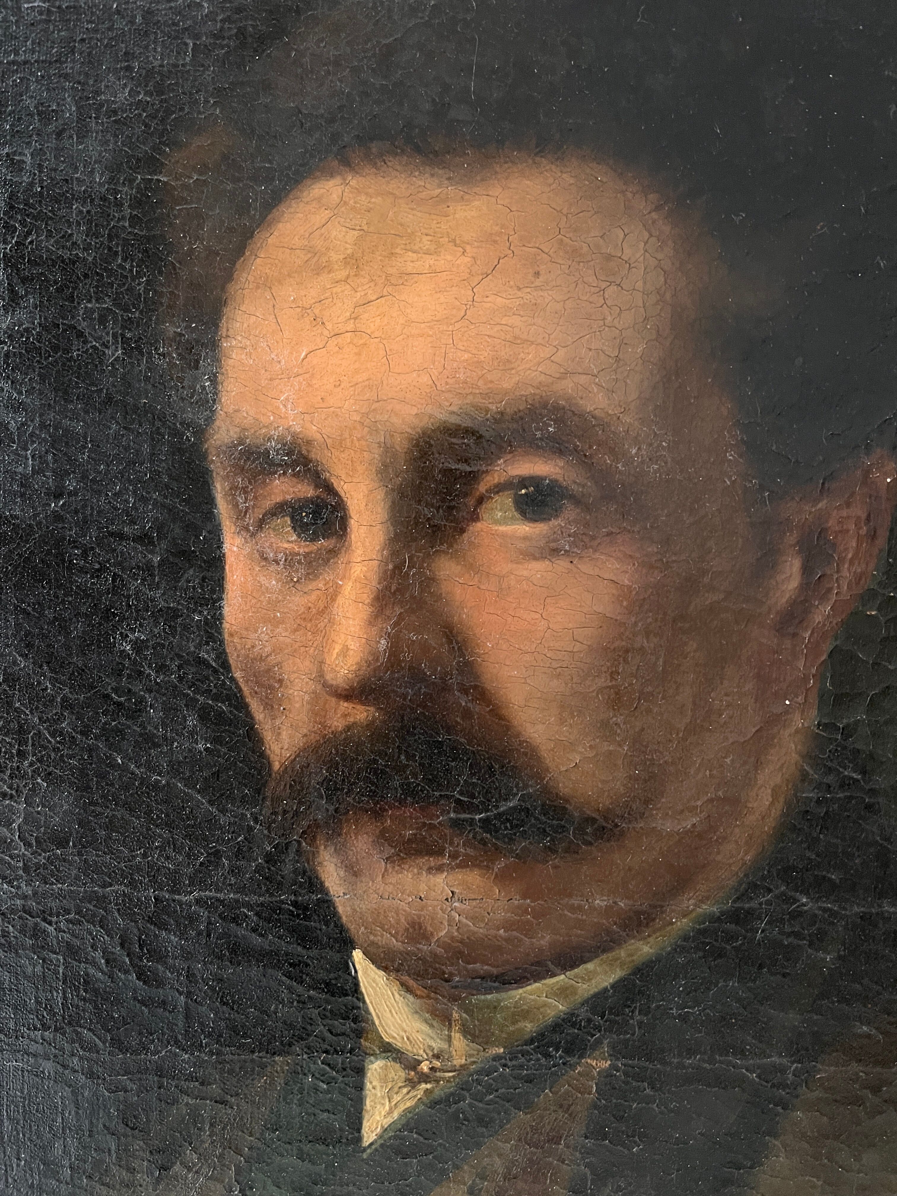 Portrait of a man in oil on canvas from the 19th century, an old painting dated 1885.