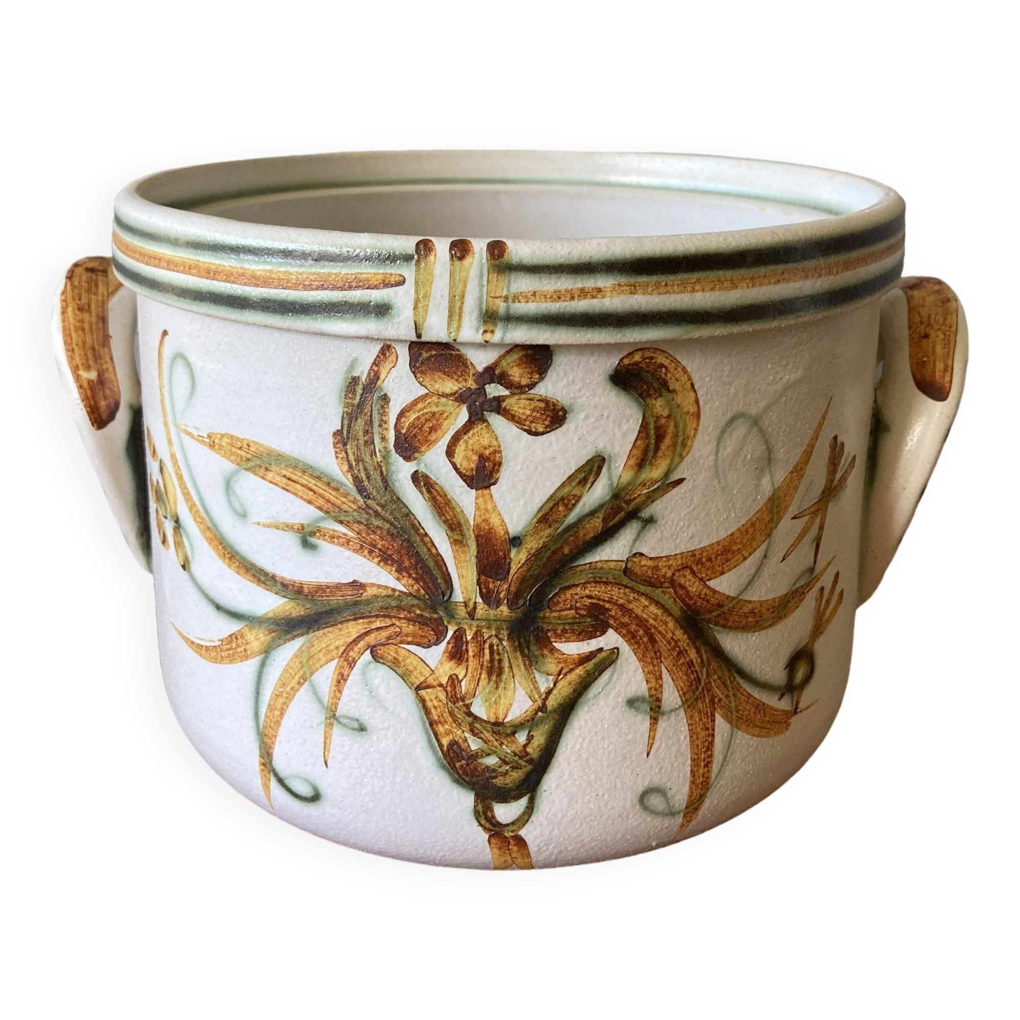 Vintage pot holder or flower pot in enamelled sandstone from Quimper by Keraluc