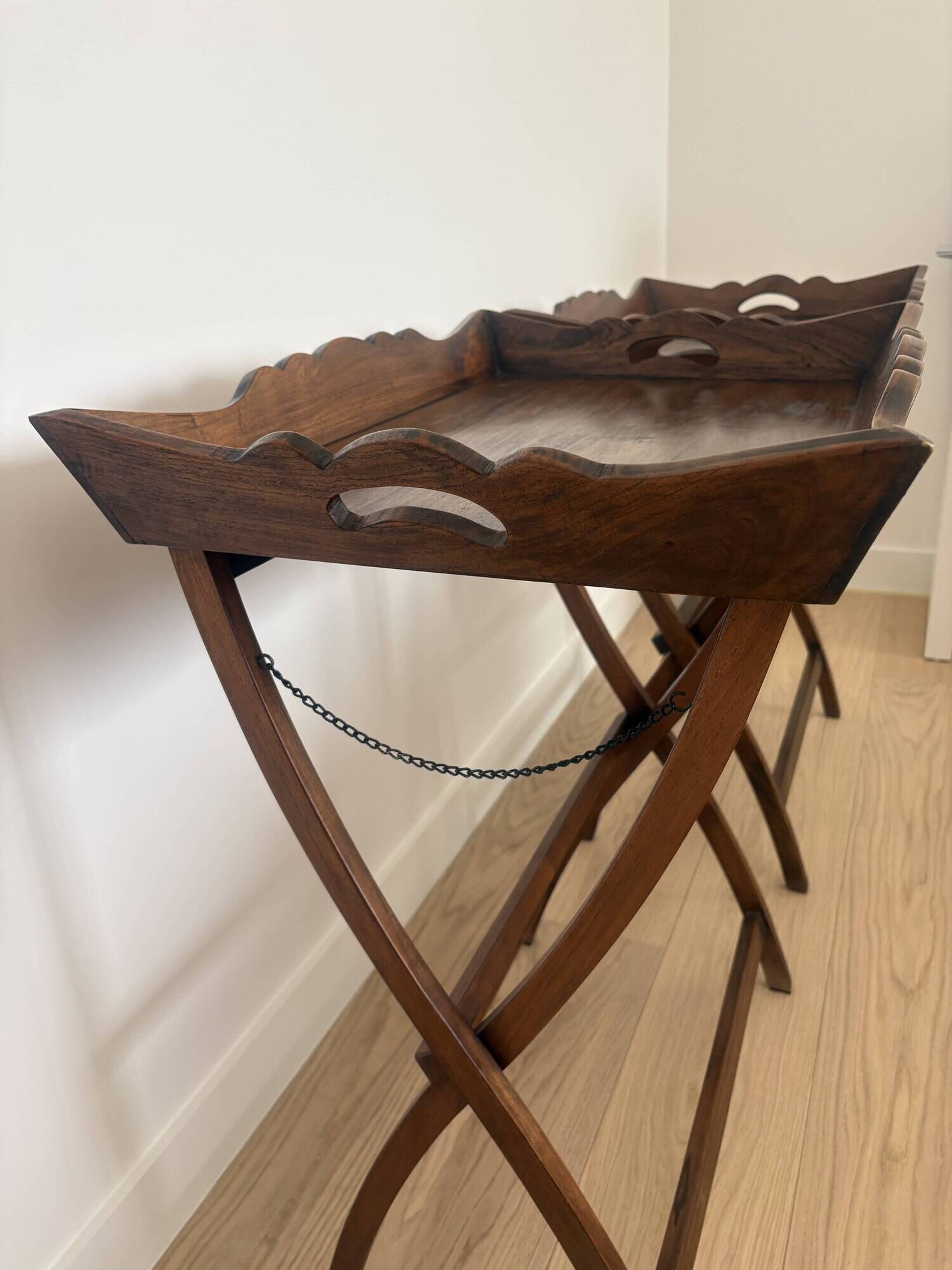 Pair of folding wooden side tables / serving tables in style