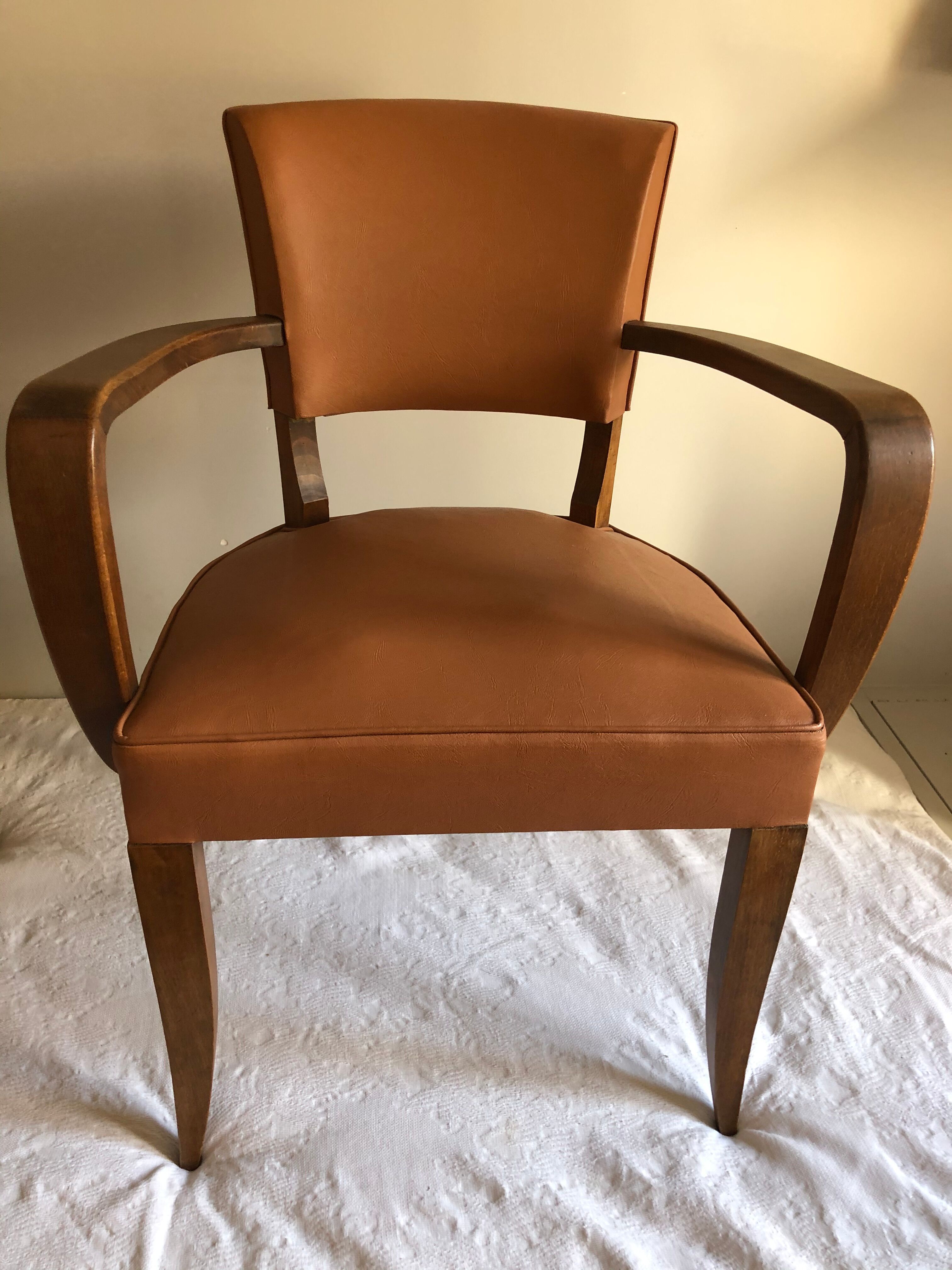 Pair of color wisky wood and skai armchairs 1950