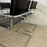Lot of 4 tubular metal and black leather chairs MG5 Grassi style 70s