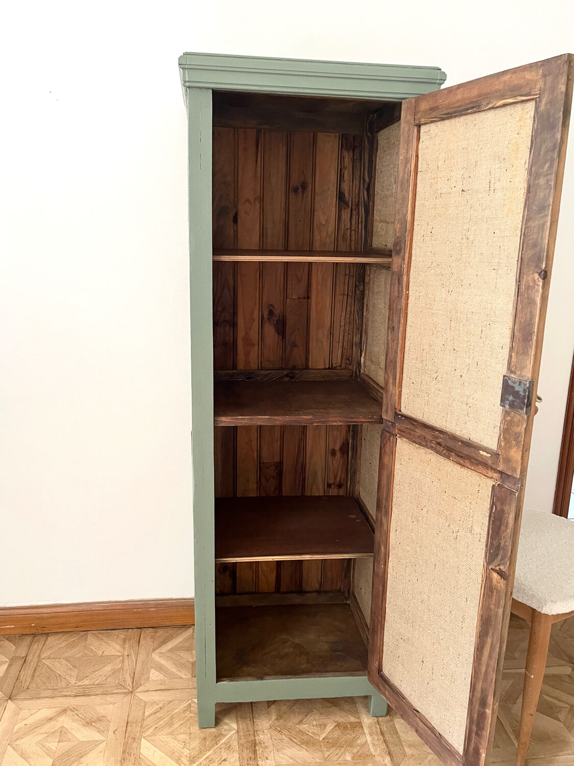 Small green cupboard celadon and jute