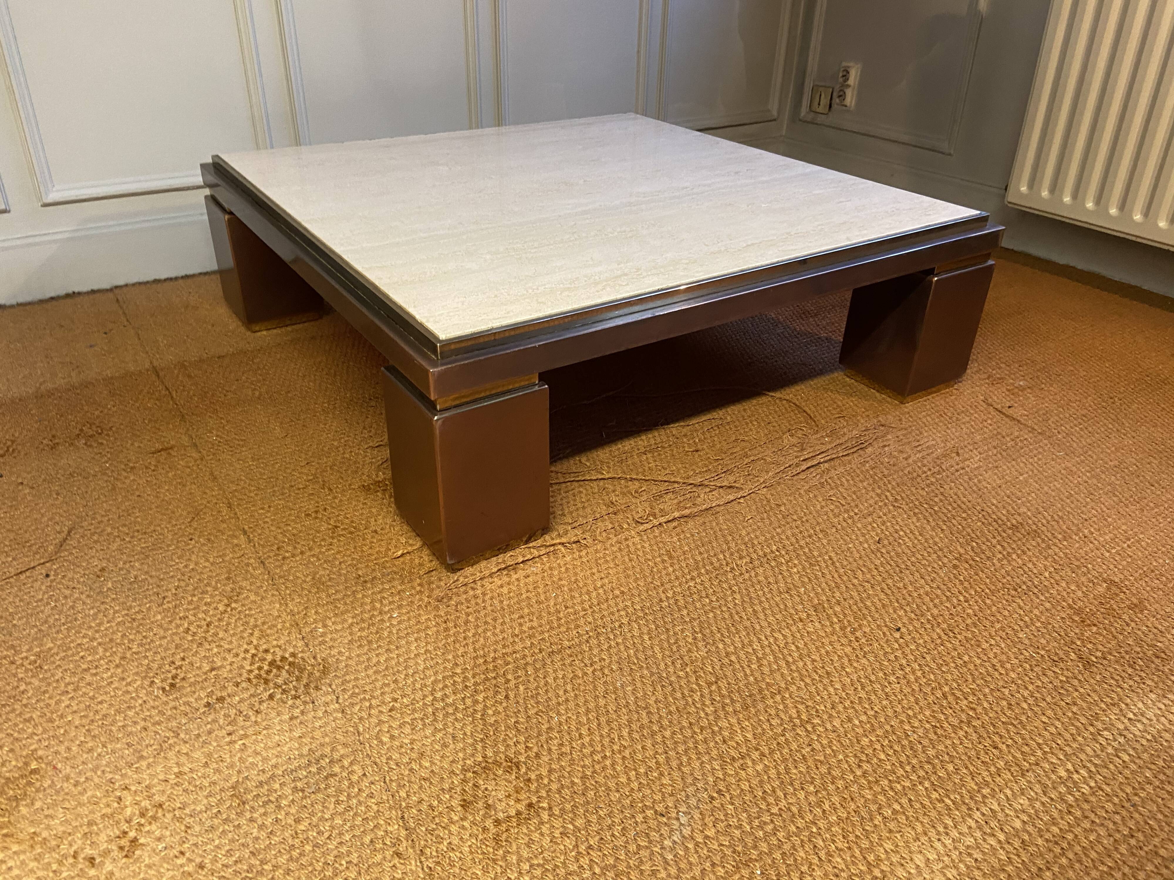 XXL copper, brass and travertine square coffee table, Belgo Chrom
