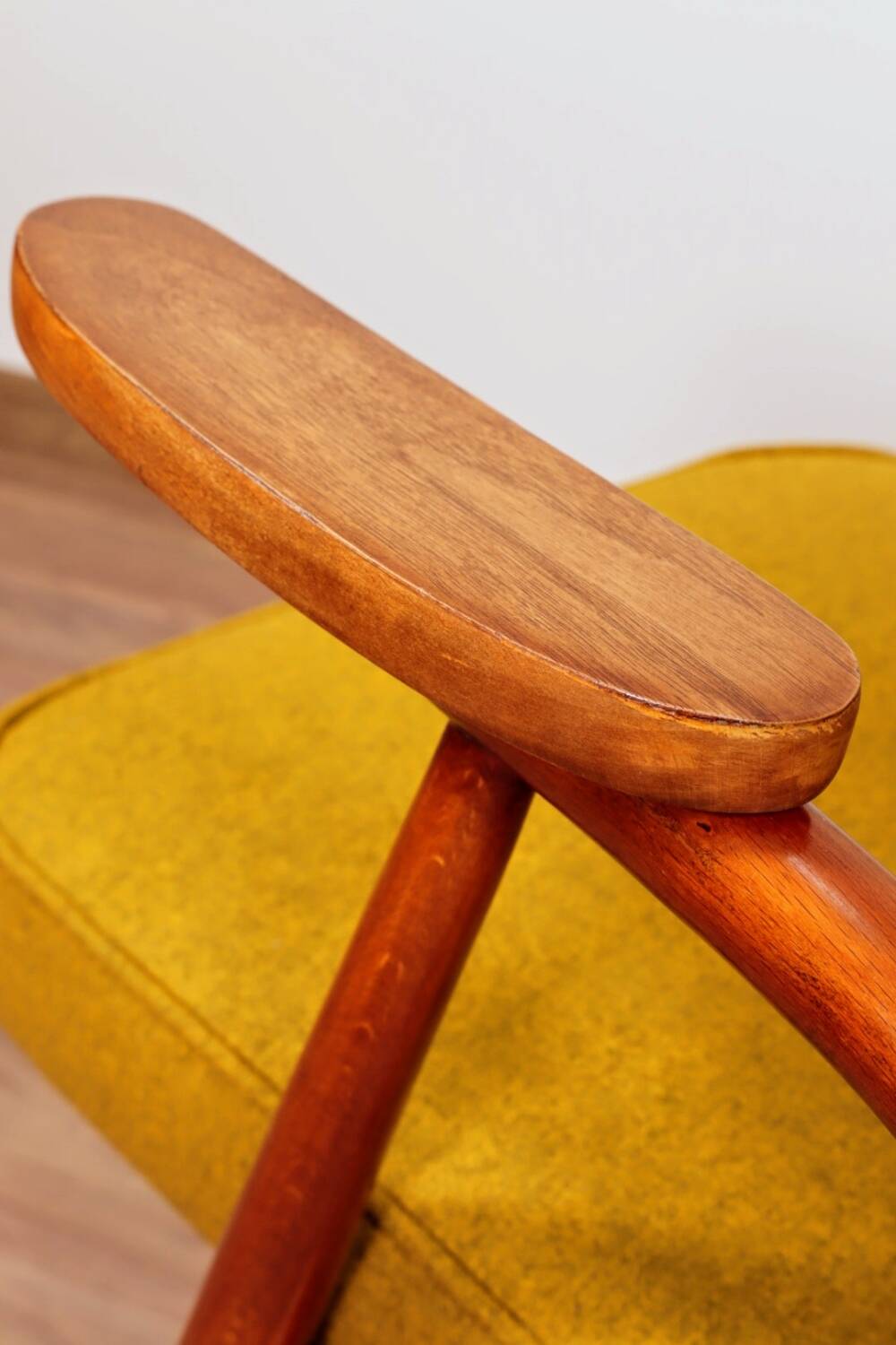 MID Century Armchair Ocher Yellow Wool, Turned Legs, 1960s