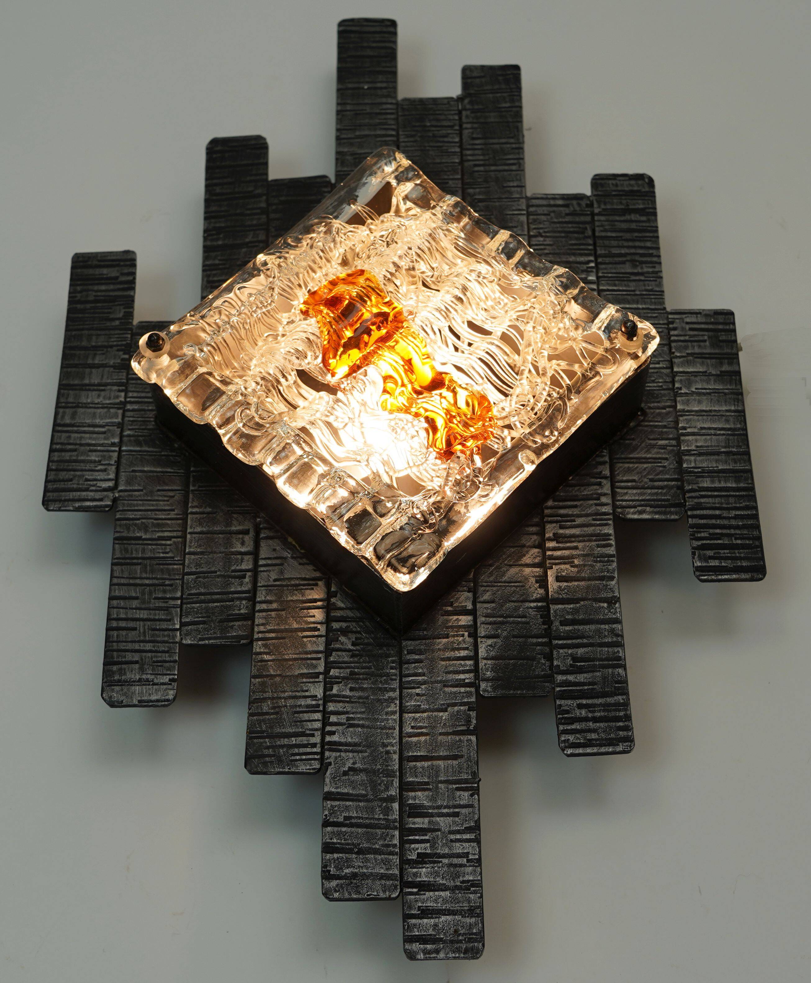 mid century brutalist style wrought iron and glass WALL LAMP sconce 060/70s