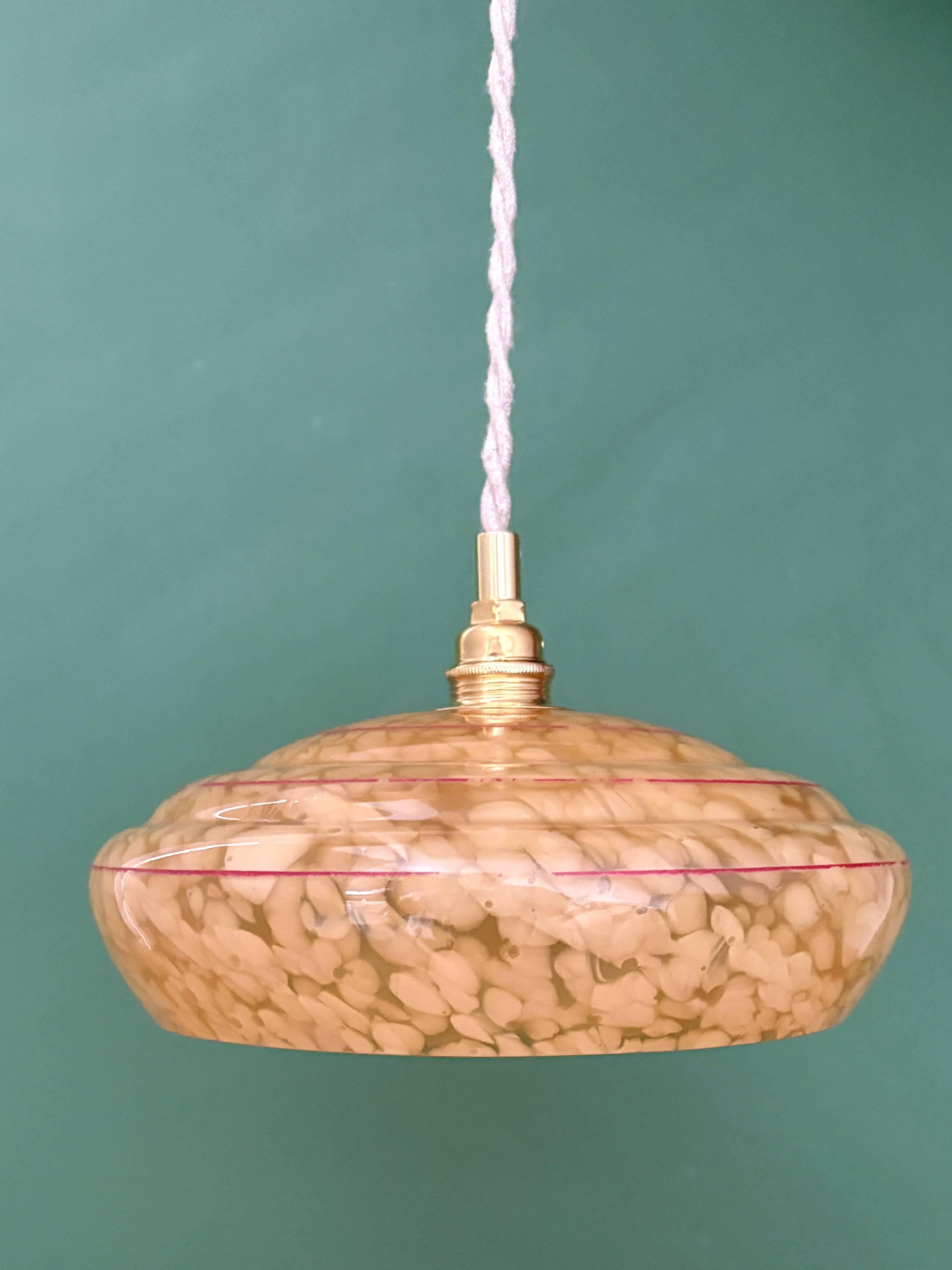 Vintage pendant lamp shade in yellow Clichy glass with red trim