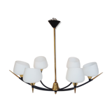 Chandelier Arlus laiton metal opalines blanche years 50