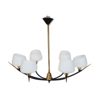 Chandelier Arlus laiton metal opalines blanche years 50
