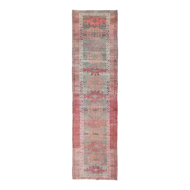 1970s vintage Turkish hand-knotted wool cotton red runner rug 91x354