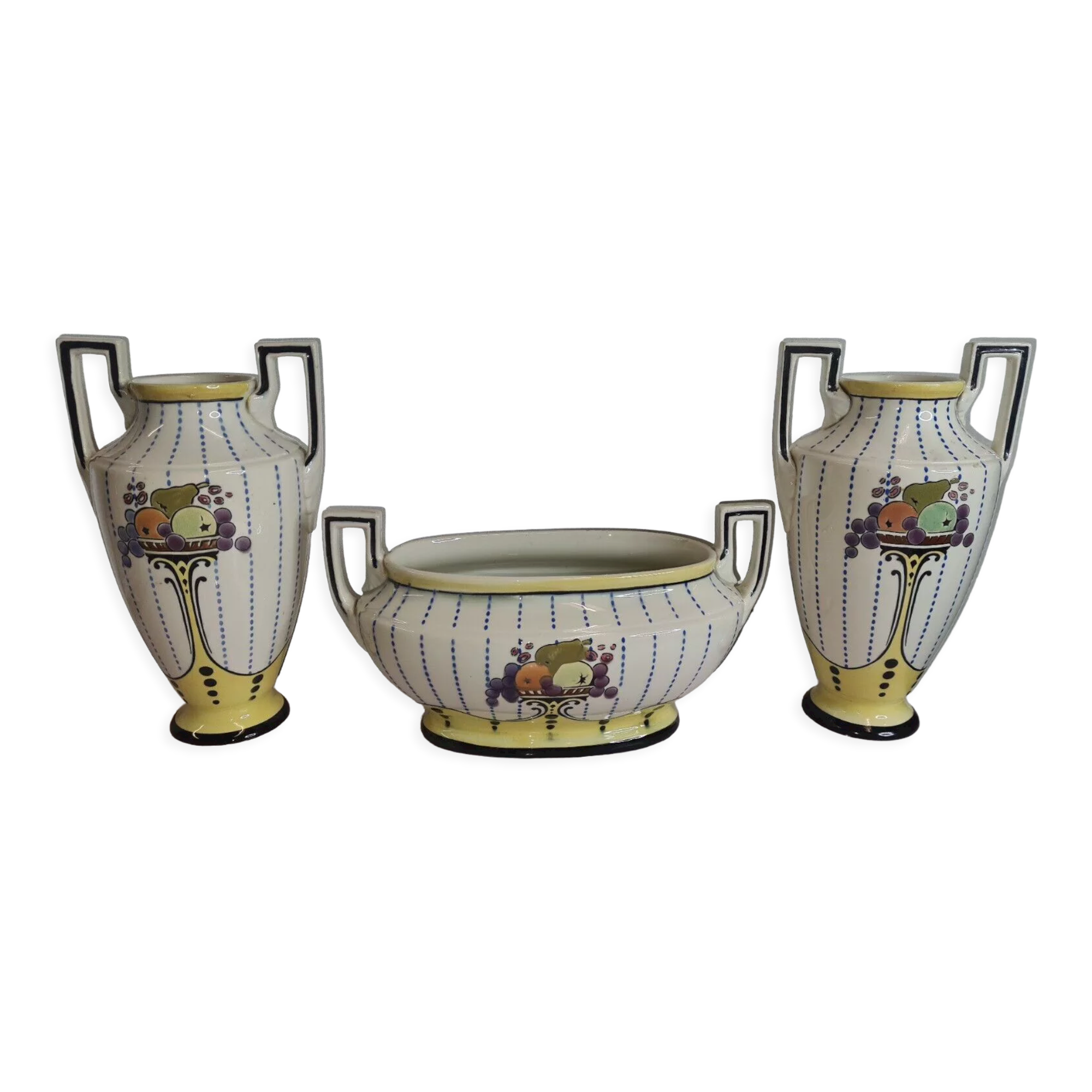 Planter with 2 art deco style slip vases