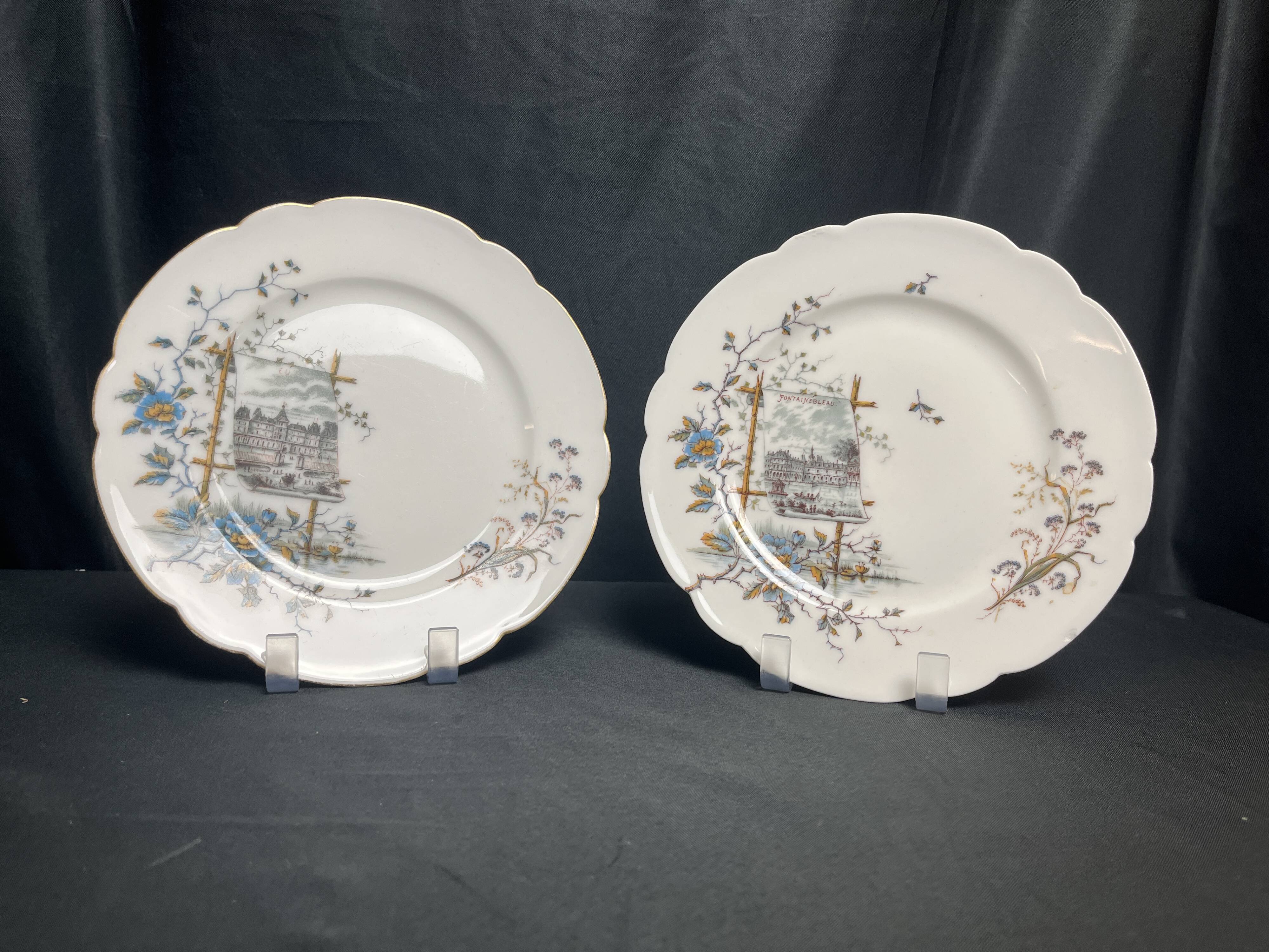 Pair of Hache Jullien plates, fine earthenware, castle decor, early 20th century