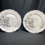 Pair of Hache Jullien plates, fine earthenware, castle decor, early 20th century