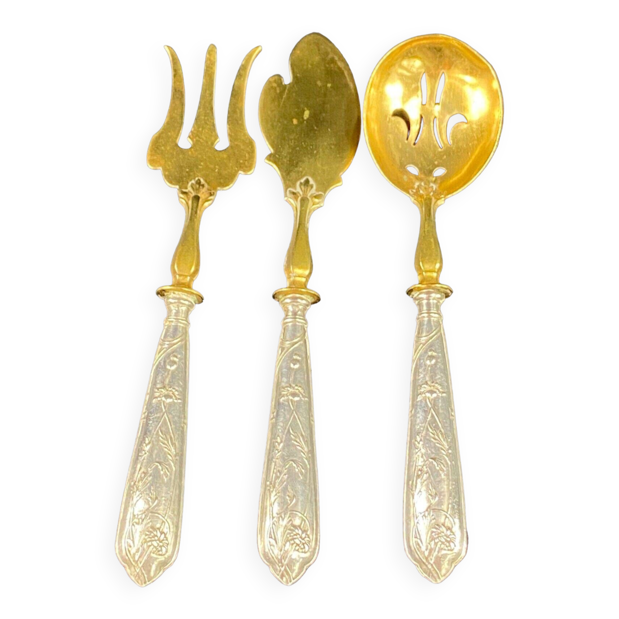 Suite of 3 dessert service elements with silver handles and sprinkler spoon