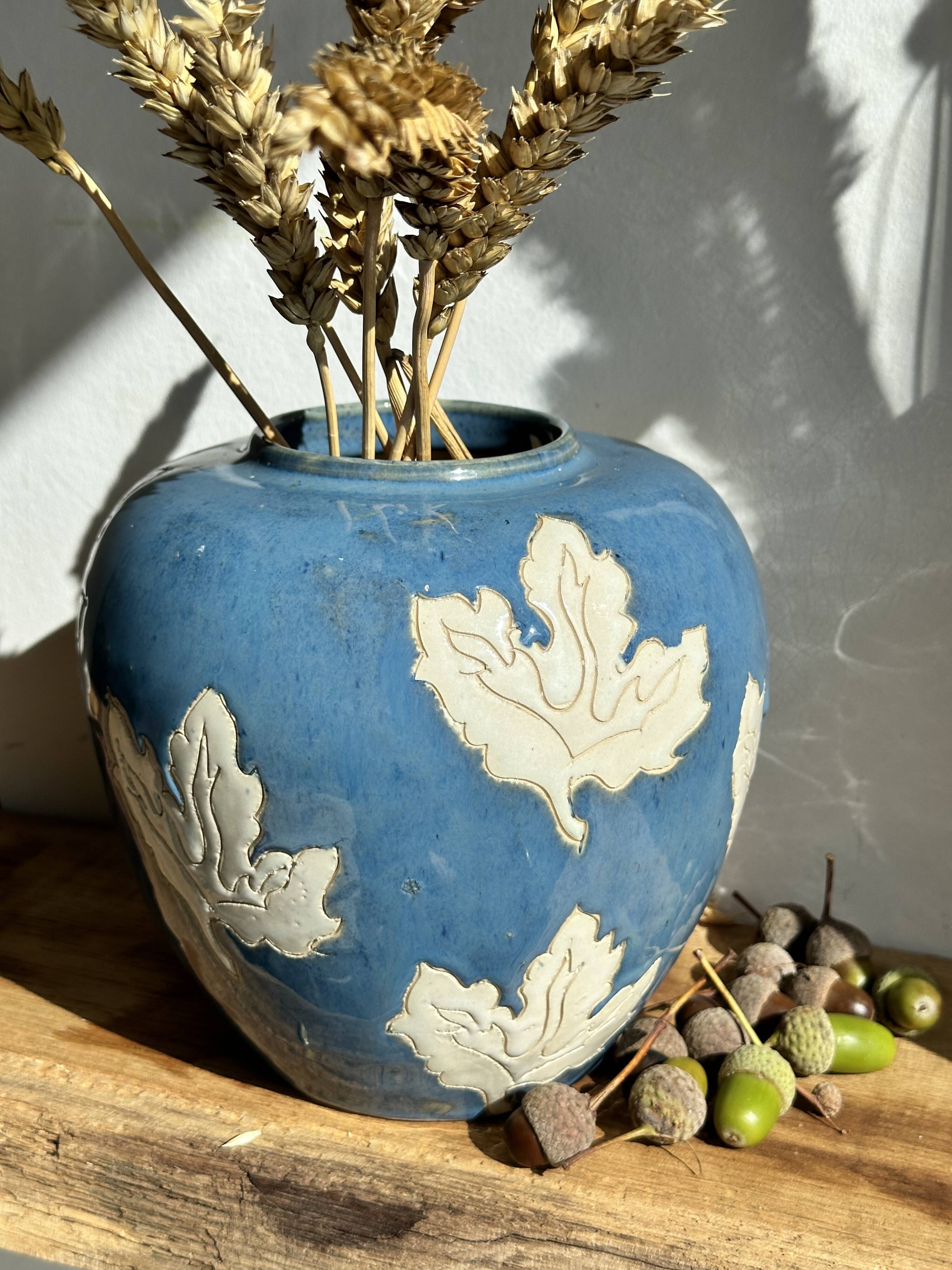 Magnificent Blue Glazed Ceramic Vase with White Plane Tree Leaves Decor
