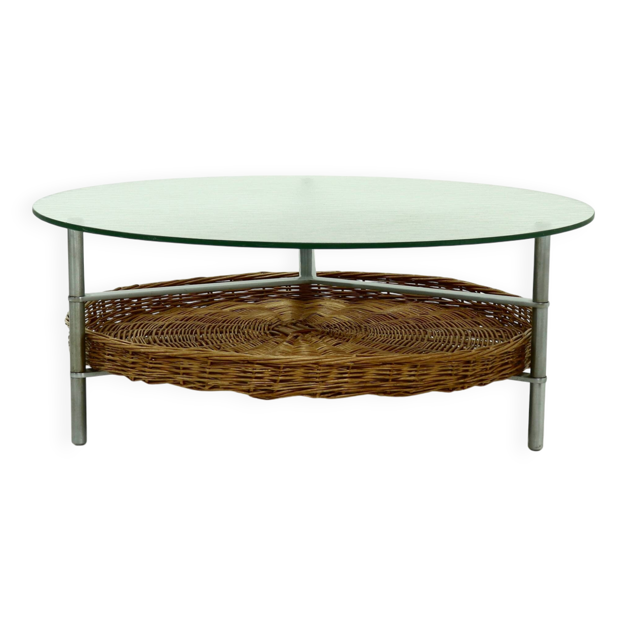 Round Coffee table with Rattan Magazine Rack and Glass Top 1960s