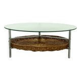 Round Coffee table with Rattan Magazine Rack and Glass Top 1960s
