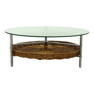 Round Coffee table with Rattan Magazine Rack and Glass Top 1960s