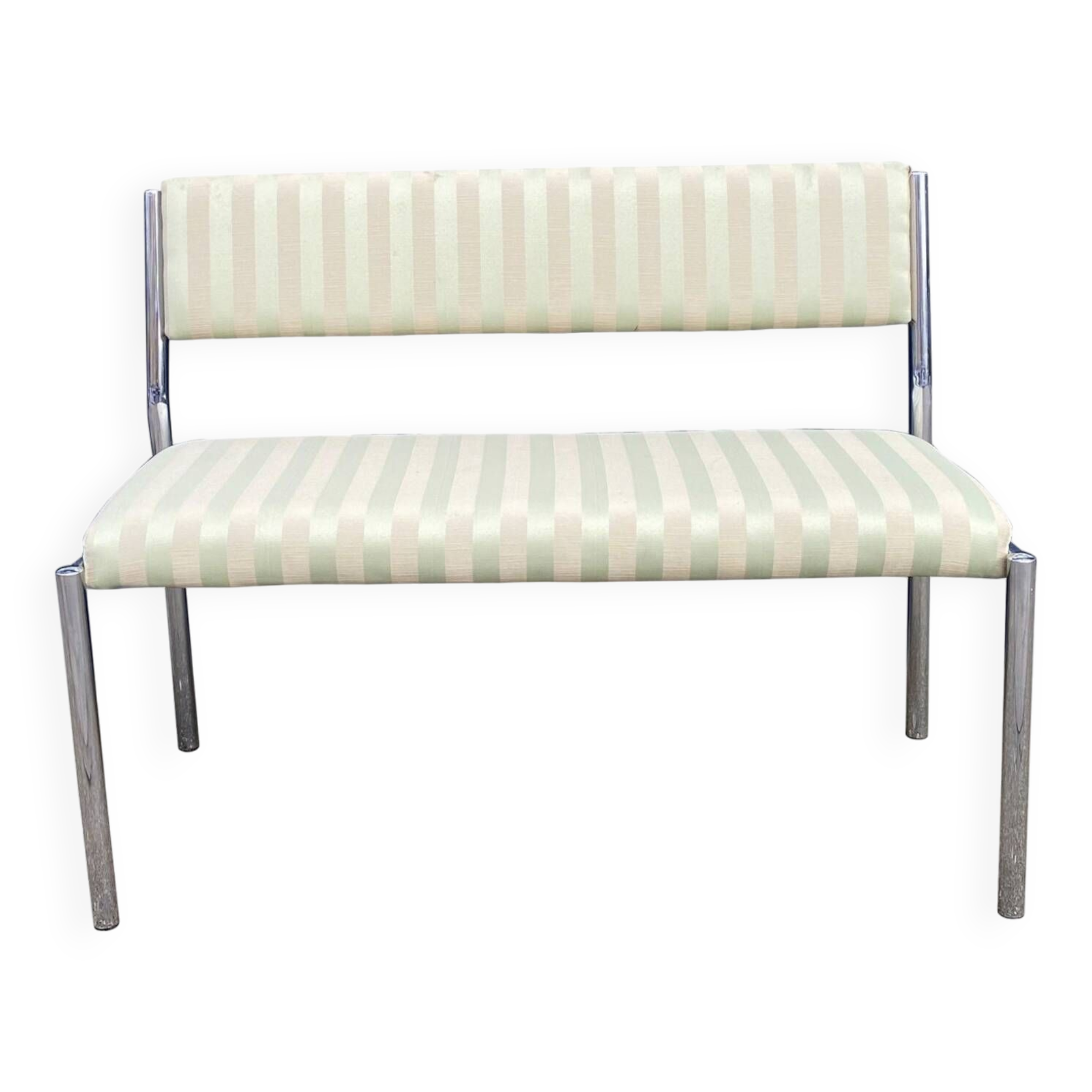 Chrome Bench Green Stripped 1970s Hollywood Regency Modernist Vintage