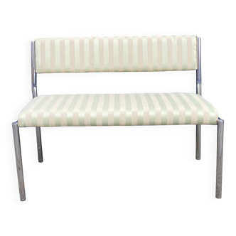 Chrome Bench Green Stripped 1970s Hollywood Regency Modernist Vintage