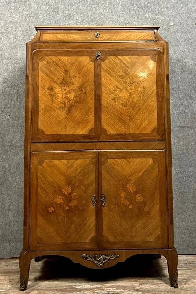 Louis XV style secretary in precious wood marquetry with floral decorations