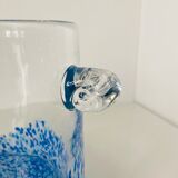 Cylindrical vase with handles in colorless glass splashed with blue and white in the lower part