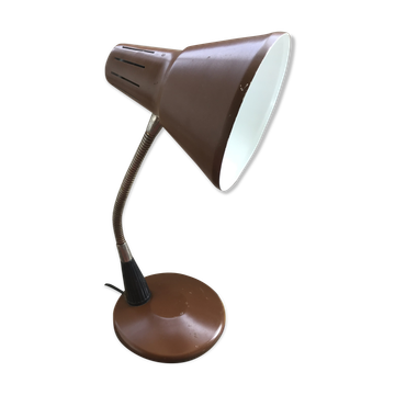 Lampe de bureau atelier métal marron + bras flexible chromé années 70 vintage
