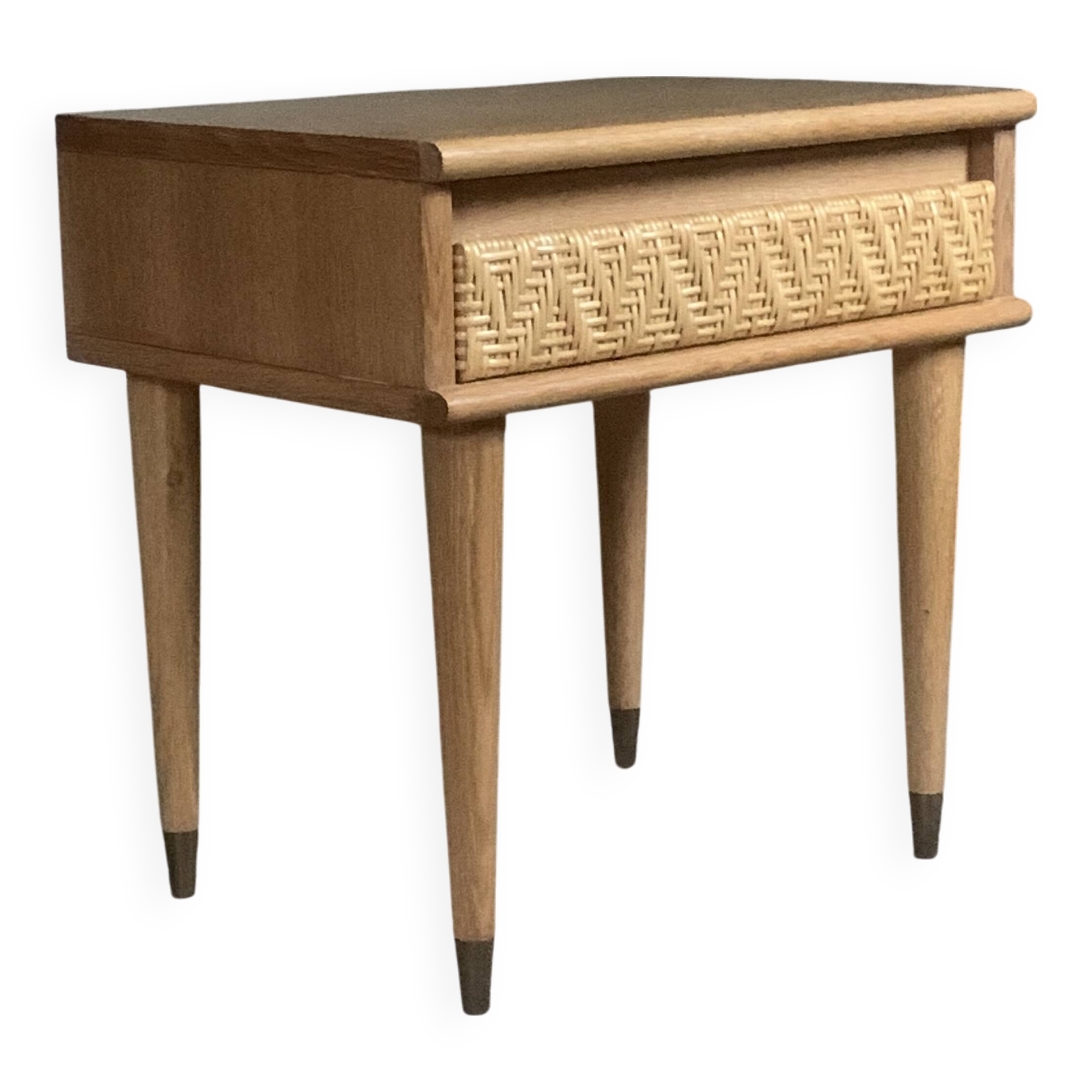 Table de Chevet vintage en chêne et rotin