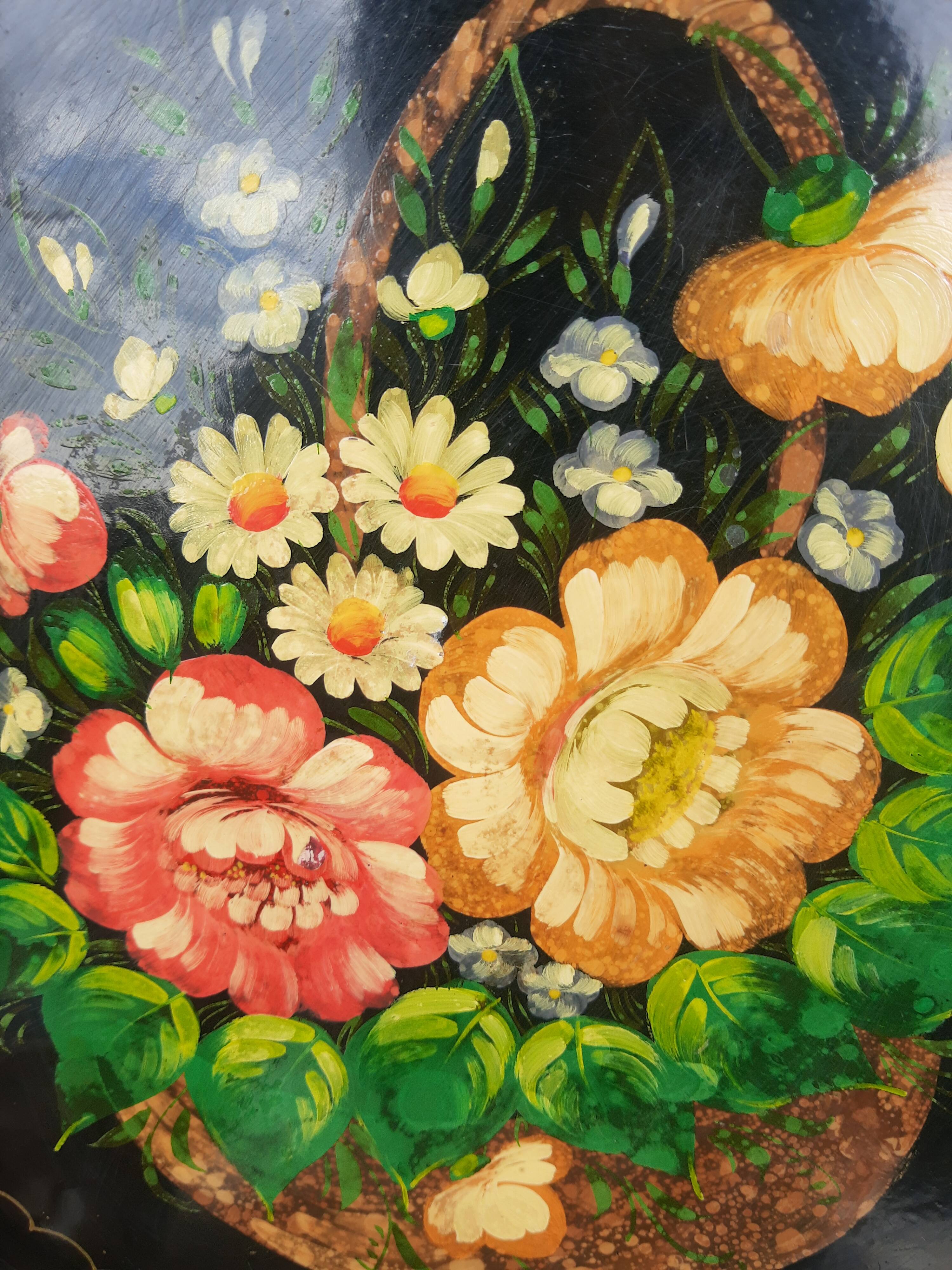 Black metal round top and vintage hand-painted flowers