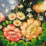 Black metal round top and vintage hand-painted flowers