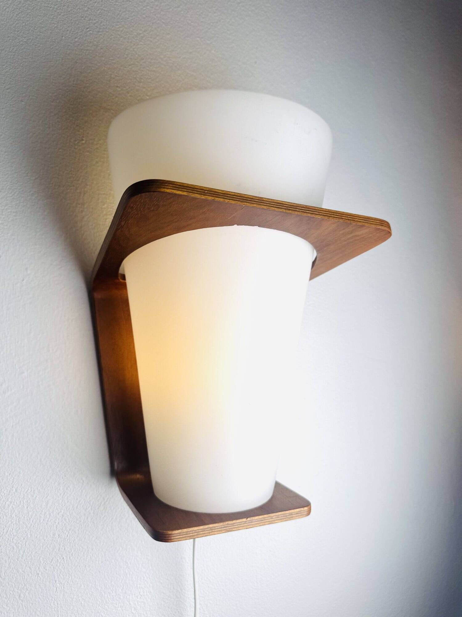 Nx41 Wood And Curved Glass Wall Lamps By Louis Kalff For Philips, The Netherlands 1950S