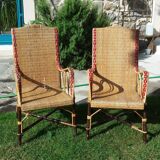 Wicker or rattan armchairs and bamboo