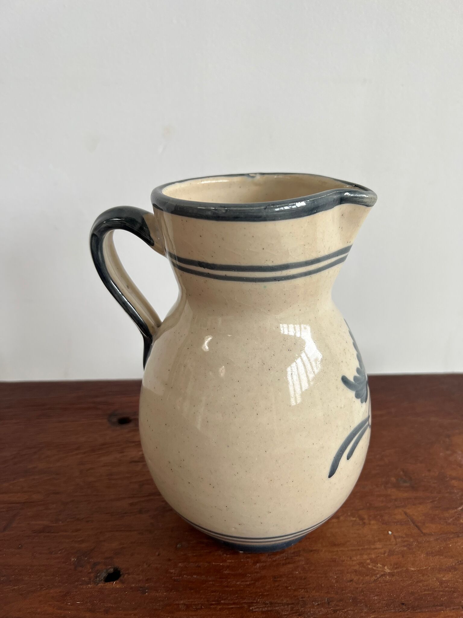 Off-white glossy ceramic decanter, hand-painted gray blue patterns H:20cm