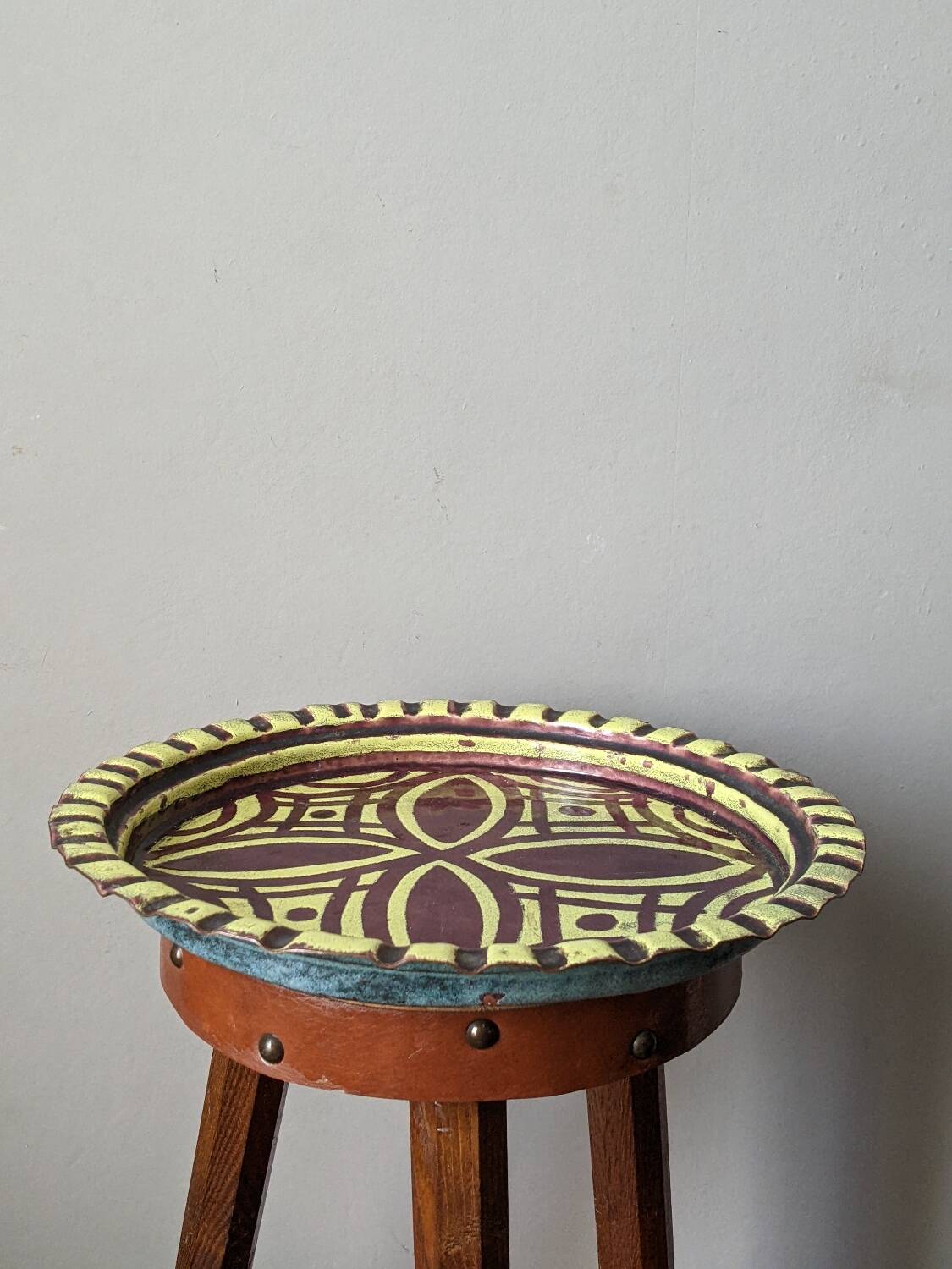 Extra-large enameled copper tray or catchall with ethnic tribal decoration.