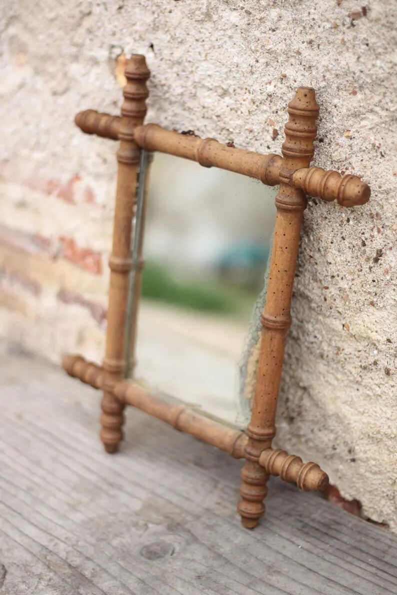 Wooden bamboo imitation mirror, antique mirror, hanging mirror, interior decor, mirror