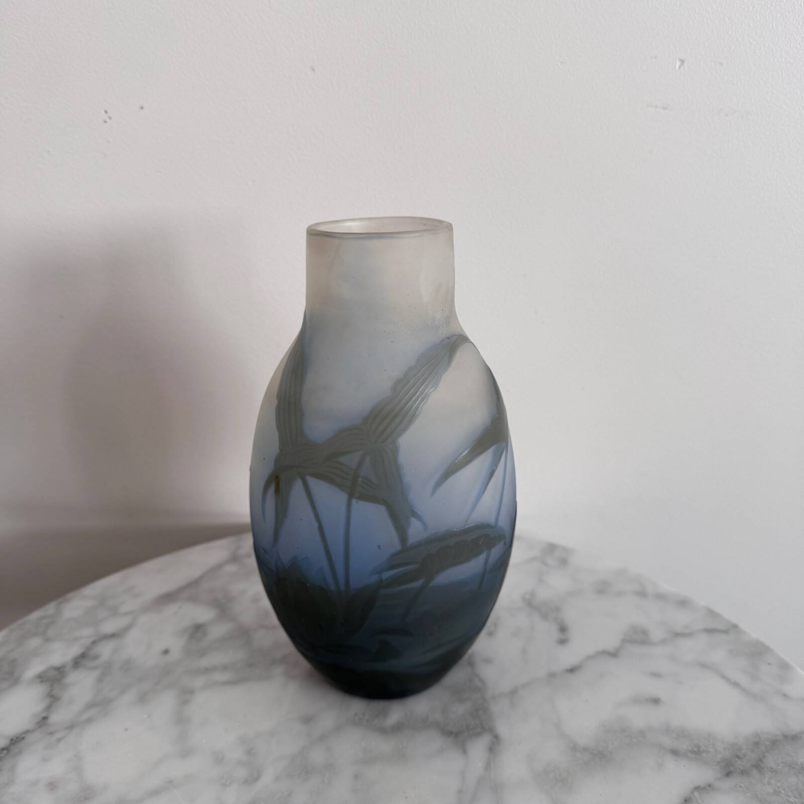 Art Nouveau vase by Gallé in acid-etched glass paste with vegetation