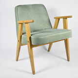Classic Polish Vintage Armchair, model 366 designed by J. Chierowski, 1960, olive velvet, oak wood